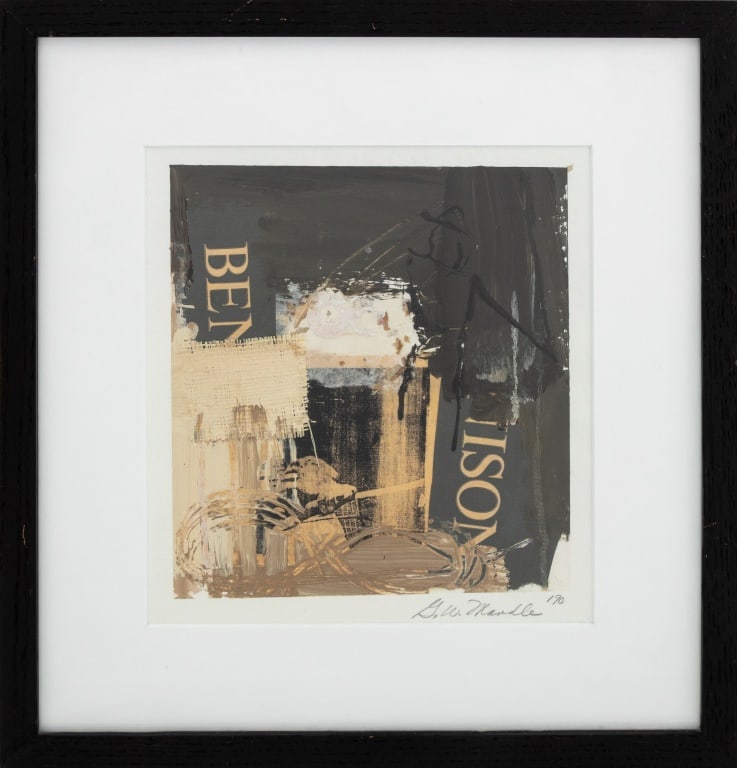 Gayle Wells Mandle Untitled Collage, 1990: Gayle Wells Mandle (American, b. 1941), Untitled, Collage on Paper, 1990, signed and dated in pencil lower right, ebonized wood frame. Image: 9.25" H x 8.75" W; frame: 15.25" H x 14.5" W x 1.25" D. Pr