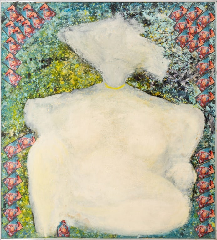 Rose Victor Abstract Seated Nude Oil on Canvas: Rose Victor (XX), Abstract Seated Nude Woman, Oil on Canvas with Collage Elements, depicting a figure in white with collaged repeated images of an abstracted figure in a hat in the background, signed