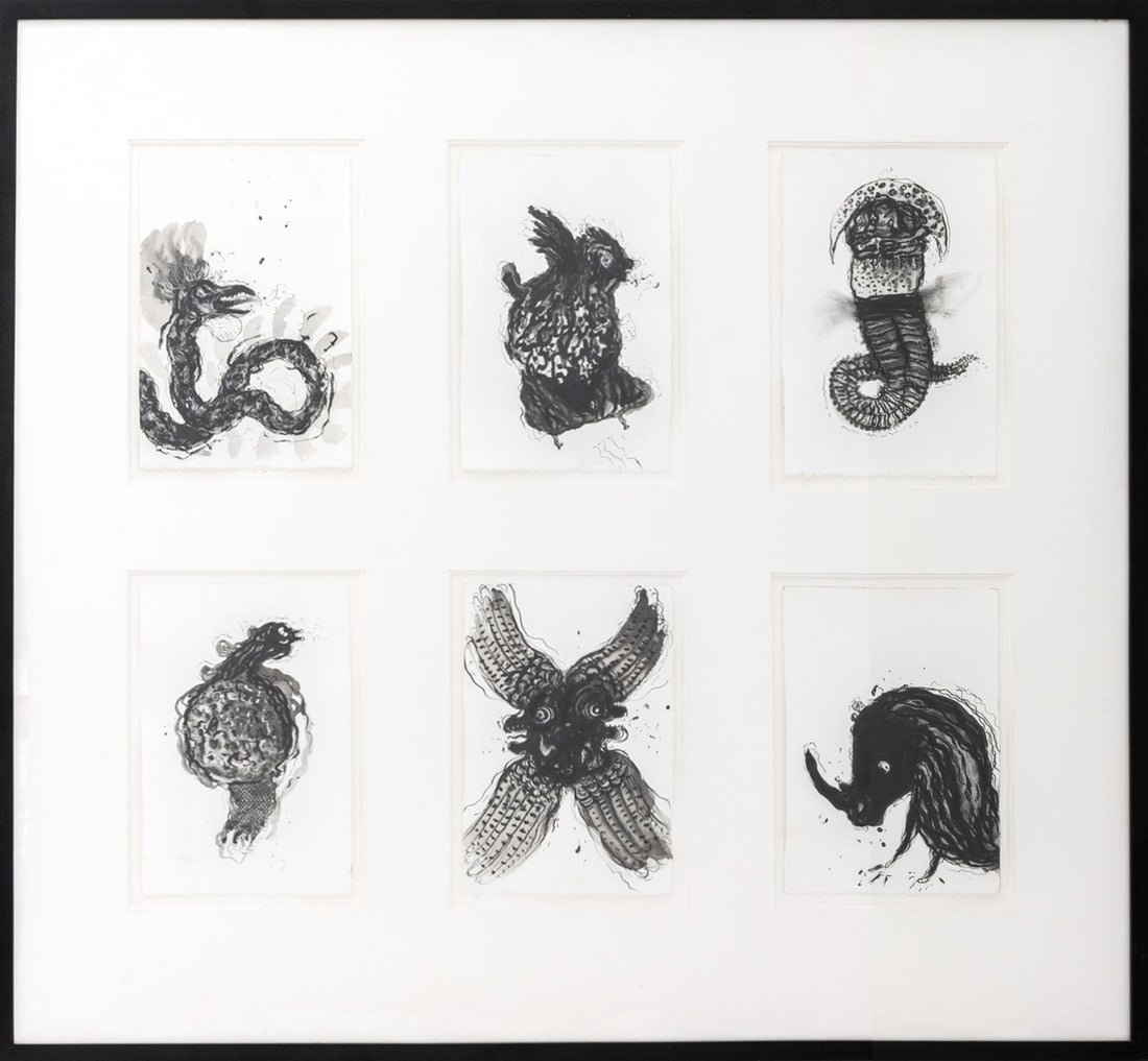 Robert Dandarov Mutant Animals Mixed Media, 6: Robert Dandarov (Macedonian/American, b. 1959), Six Mutant Animals, Mixed Media on Paper, each signed in pencil, together in ebonized wood frame. Each image: 11" H x 7.5" W; overall: 36" H x 39.5" W;