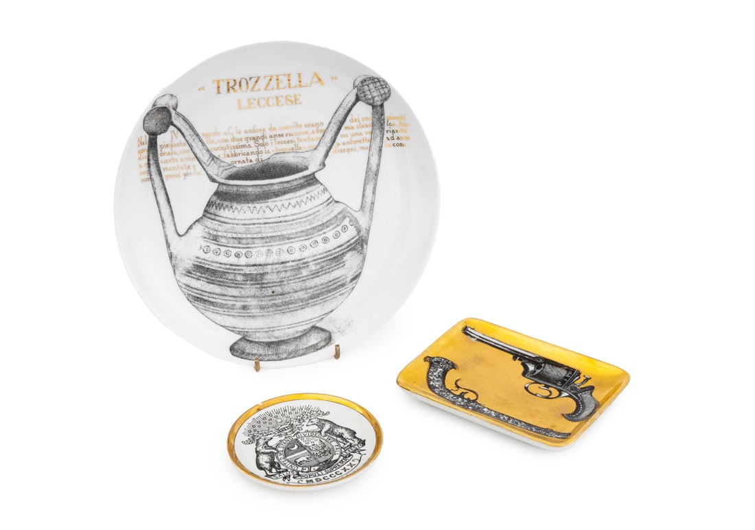 Fornasetti Porcelain Tableware, 3 Pcs.: Group of Three Fornasetti Porcelain Tableware Pieces, comprising: "Trozzella" dinner plate with gilt embellishments, marked "Serie di Piatti / Creata da / Piero Fornasetti / Per La / Martini & Rossi /