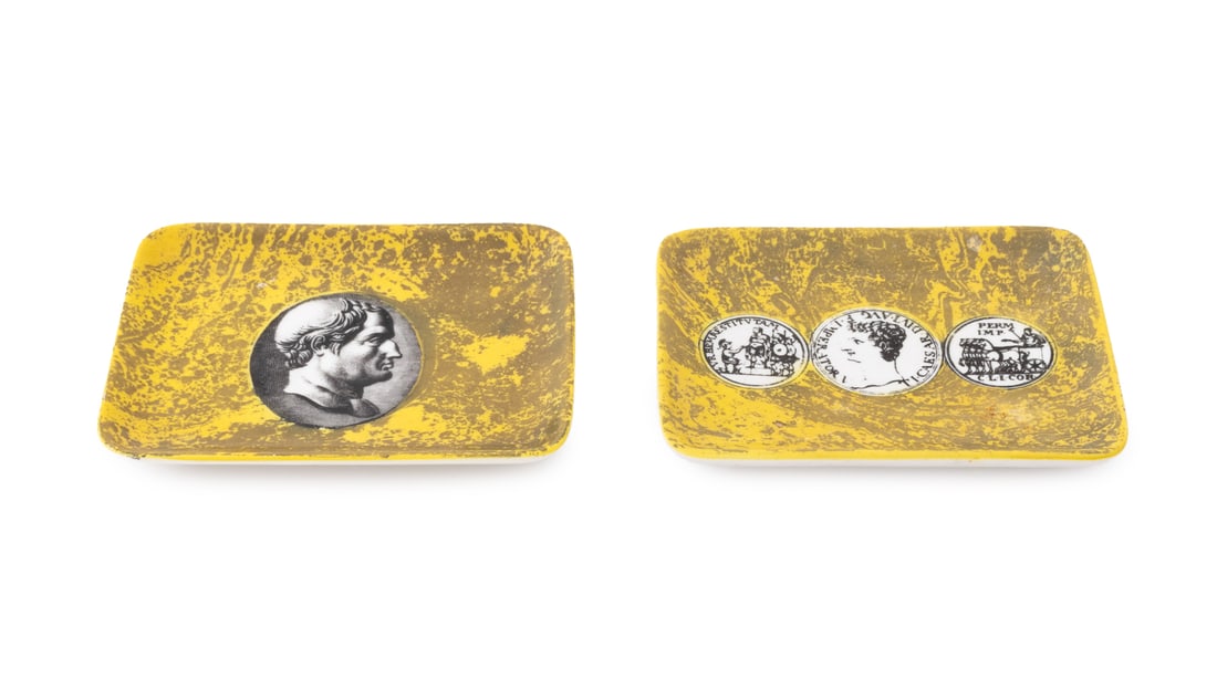 Fornasetti Porcelain Rectangular Trays, 2: Two Fornasetti Porcelain Rectangular Trays, comprising: one with Theodor Galle printed portrait to the center and one with three Roman coins printed to the center, each with glazed yellow faux marble