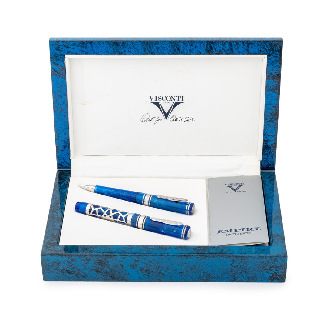 Visconti "Empire" Fountain Pen & Ballpoint Pen, 2: Group of Two Visconti "Empire" Blue Fountain Pen and Ballpoint Pen Set, translucent imperial blue resin with mother-of-pearl accents, platinum plated overlay, solid platinum nib marked "Visconti / Pla