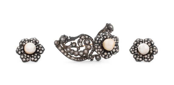 Victorian Silver & Gold Diamond Pearl Jewelry Set