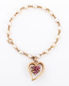 14K Yellow Gold Pearl Ruby Heart Charm Bracelet