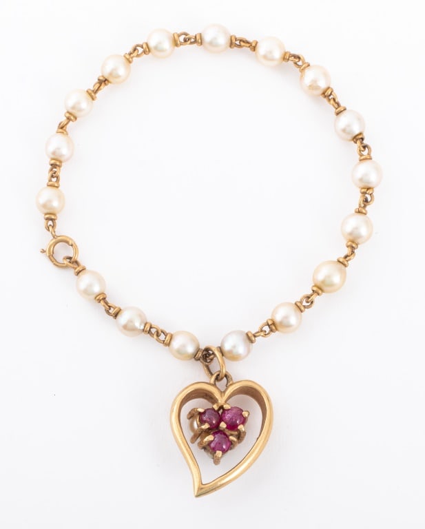 14K Yellow Gold Pearl Ruby Heart Charm Bracelet (1 of 6)
