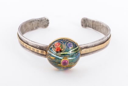 Sterling Silver & 22K Enamel Studio Jewelry Cuff