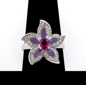 10K White Gold Tourmaline Tanzanite Diamond Ring