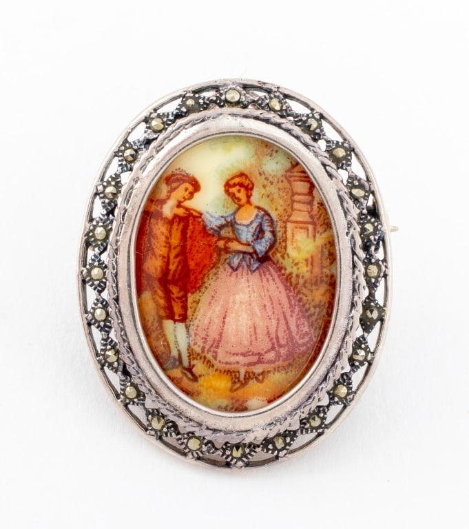 Courtship Scene Marcasite Silver Pin Pendant: Vintage Sterling Silver 19th Century Style Printed Courtship Scene Oval Marcasite Filigree Pin Pendant, marked: "925". Measurement: 1.31" L x 1.0" W. Approx: 0.27 ozt. inclusive. Provenance: From a Ne