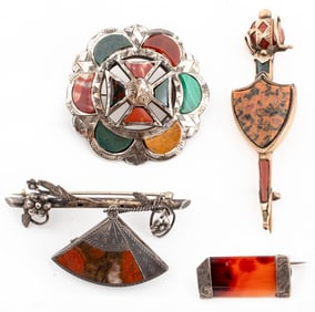 Scottish Agate Silver & 9K Gold Brooches, 4
