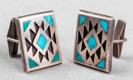 Navajo Dine Silver Turquoise Inlay Cufflinks
