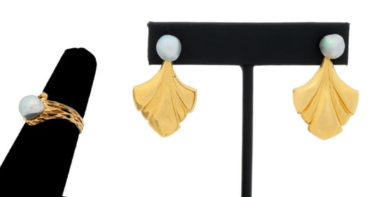 14K Yellow Gold Cultured Pearl Jewelry, 2 Pcs.