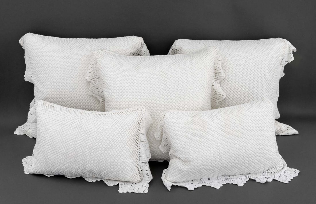 Ralph Lauren "Claude" Crochet Linen Pillows, 5: Collection of Five Ralph Lauren Claude Crochet Linen Pillows, comprising: (3) throw pillows and (2) lumbar pillows, with "Ralph Lauren" label. Largest: 20" H x 19" W 6.5" D. Provenance: From a Long Is