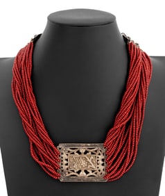 Sino-Tibetan Silver & Red Jasper Beaded Necklace