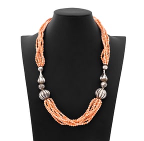 Chinese Silver & Angel Skin Coral Bead Necklace