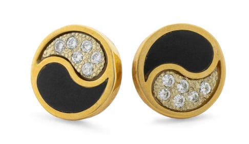 14K Yellow Gold Diamond Enamel Taijitu Earrings