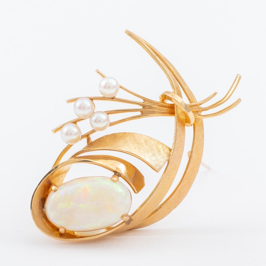 14K Yellow Gold Opal & Pearls Brooch: 14K Yellow Gold Opal and Pearls Brooch, with a Florentine finish on front sides and brightly polished on the rear surfaces, featuring a prong set oval cabochon opal weighing approx. 5.10 carats, decor