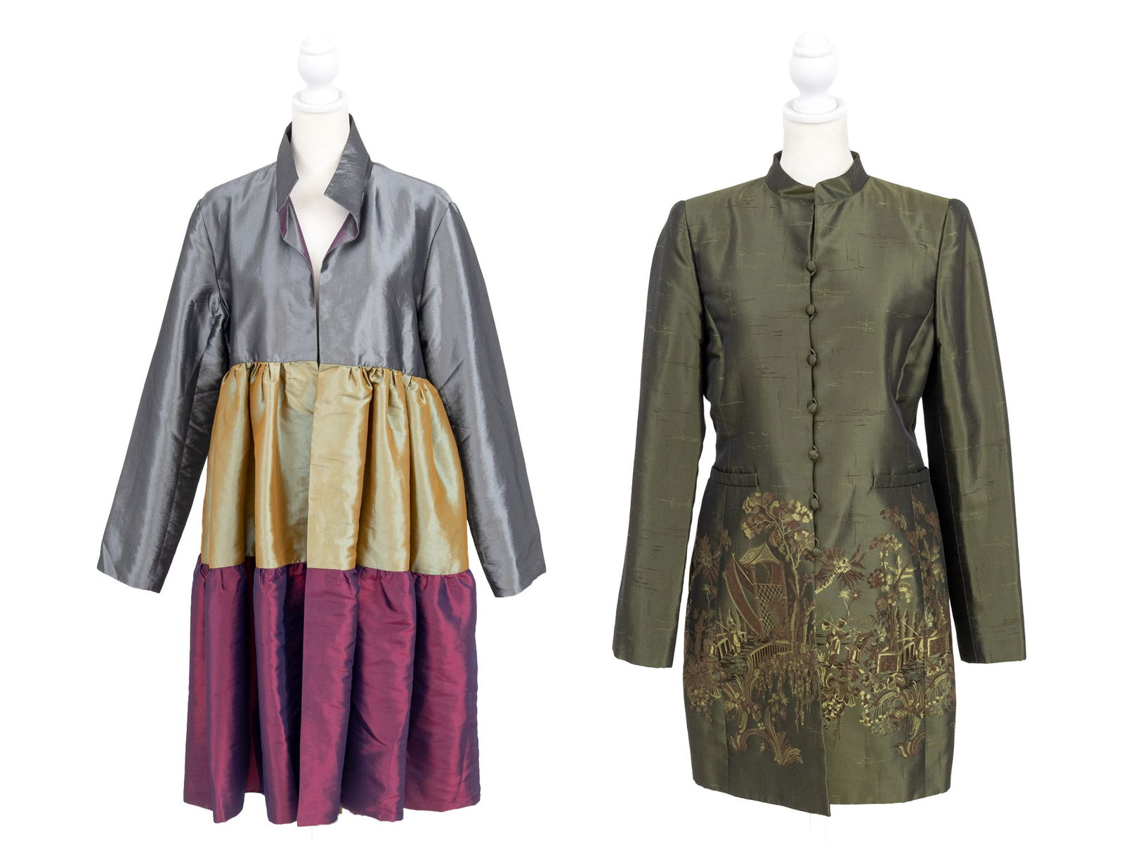 Oscar de La Renta, Etc. Designer Jackets, 2: Group of Two Designer Jackets, comprising: Oscar de La Renta green cotton blend jacket with Chinoiserie embroidered figural landscape scene to the bottom half and green silk lining, "Oscar de la Renta