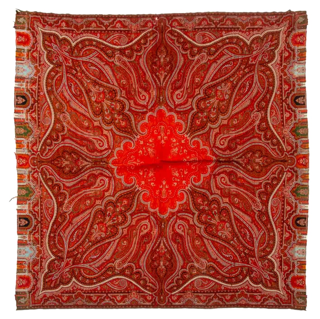 Paisley Woven Wool Shawl, 19th C.: Paisley Woven Wool Shawl, 19th century, in red, blue and green. 67" L x 63.5" W. Provenance: From an 880 Fifth Avenue Collection. Keywords: Textile, Fabric Art, Fashion, Antique, Fiber Art, Accessorie