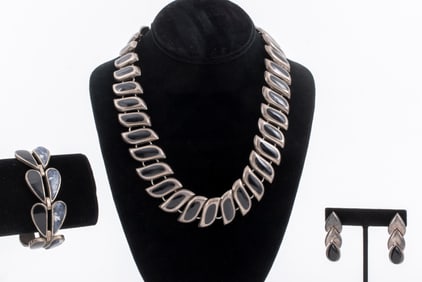 Mexican Silver Onyx & Sodalite Jewelry, 3 Pcs.