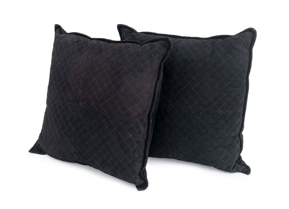 Ralph Lauren Quilted Black Suede Pillows, Pair: Pair of Ralph Lauren Quilted Black Suede Pillows, with goose feather pillow and cotton lined interior to the pillow case, with "Ralph Lauren" label. 24" H x 24" W x 11" D. Provenance: From a Long Isla