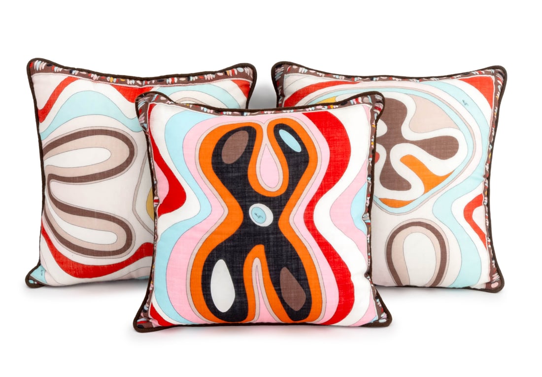 Emilio Pucci Cashmere Blend Pillows, 3: Three Emilio Pucci Cashmere Blend Pillows, each with multi-colored abstract pattern, signed "Emilio" in print. 21" H x 20" W x 7" D. Provenance: From a Long Island Estate. Keywords: Cushions, Throw pi