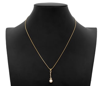 14K Gold Sapphire Diamond Pearl Pendant Necklace