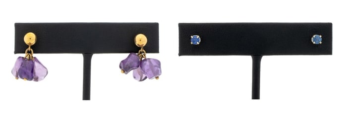 14K Gold Amethyst Drops & Blue Spinel Studs Set