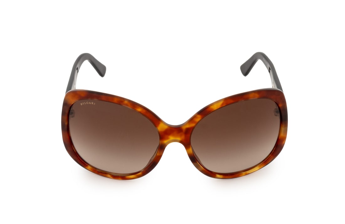 Bulgari Tortoiseshell Pattern Sunglasses: Bulgari Tortoiseshell Pattern Acrylic Sunglasses, with Bvlgari plaque label and marked "Made in Italy", together with leather case. Case: 3" H x 6.75" W x 3.5" D. Provenance: From a Long Island Estate