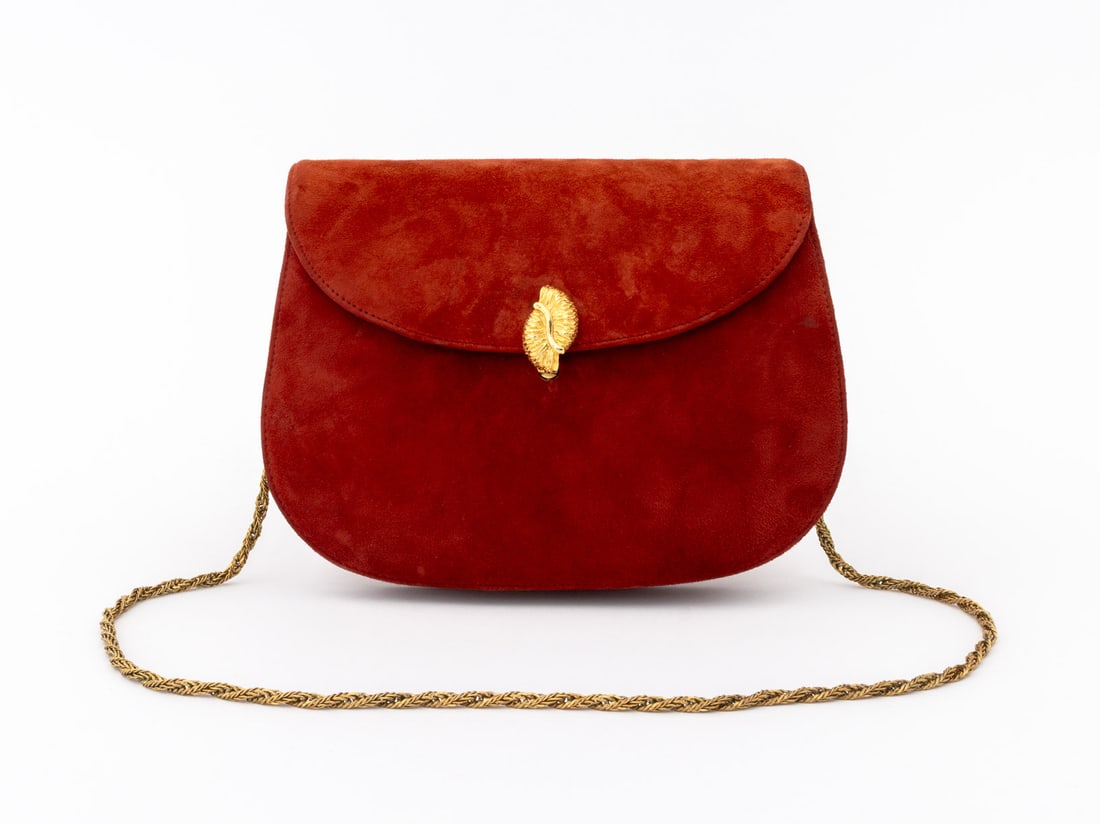 Mark Cross Red Suede Handbag: Mark Cross Red Suede Handbag, with gold-tone shell form lock and braided shoulder strap, pink silk lined with one zipper pouch and slip pouch, marked "Mark Cross / Made in Italy" to the interior. 6" H