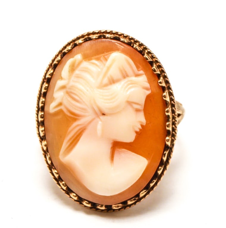 10K Gold Carved Shell Cameo Woman's Profile Ring (1 of 10)