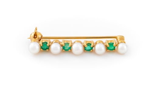 14K Yellow Gold Cultured Pearl Emerald Pin