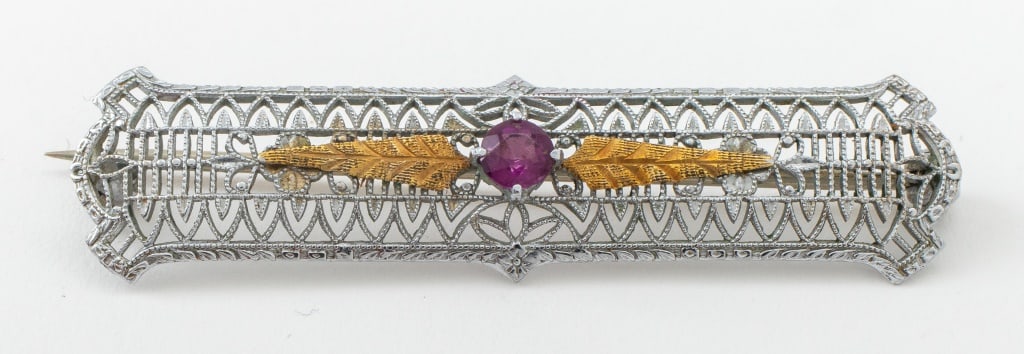 Edwardian 10K White Gold Filigree Amethyst Bar Pin (1 of 5)
