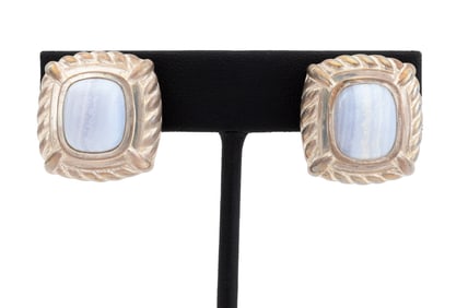 Judith Ripka Silver Blue Lace Agate Clip Earrings