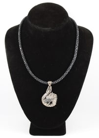 18K Gold & Silver Dragon Pendant Shagreen Necklace