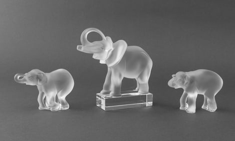 Lalique Frosted Crystal Elephant Paperweights, 3