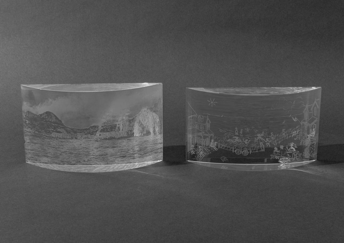 Steuben Etched Glass Half Moon Sculptures, 2 (1 of 10)