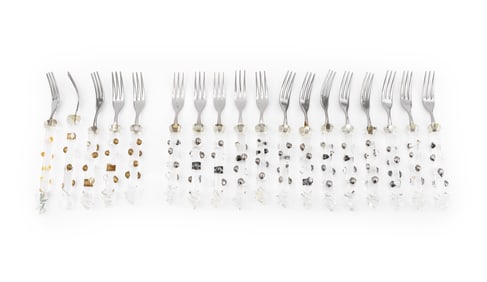 Art Glass and Stainless Steel Cocktail Forks, 18