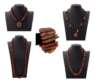 Red Amber Beaded Jewelry, 5 Pcs.