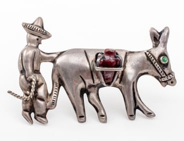 Taxco Mexican Silver Man & Mule Brooch