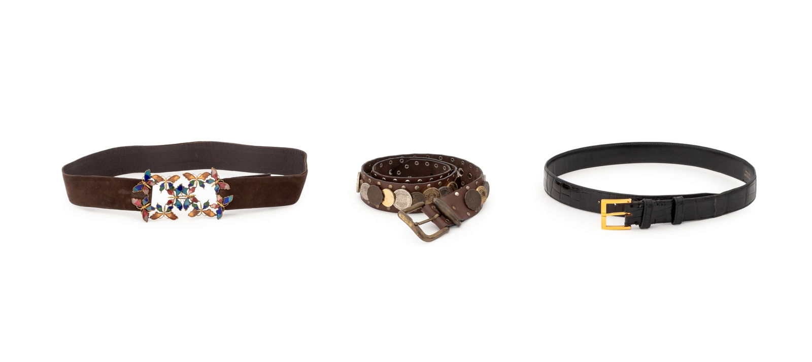 French Leather Belts, 3: Group of Three French Leather Belts, comprising: a French franc coin mounted brown leather belt with "Croute e Cuir / Made in France" label, a black crocodile embossed patent leather belt marked "J.P.