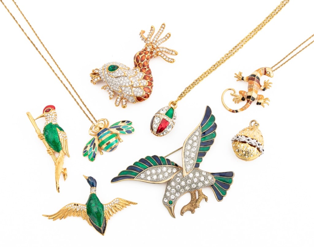 Rhinestone & Enamel Animalier Brooches, 8: Collection of Eight Rhinestone and Enamel Animalier Gold-Tone Metal Brooches comprising: woodpecker marked "Carven / Modele Repose" to reverse, Flying ducked marked "Carven / 150 / Modele Repose" to r