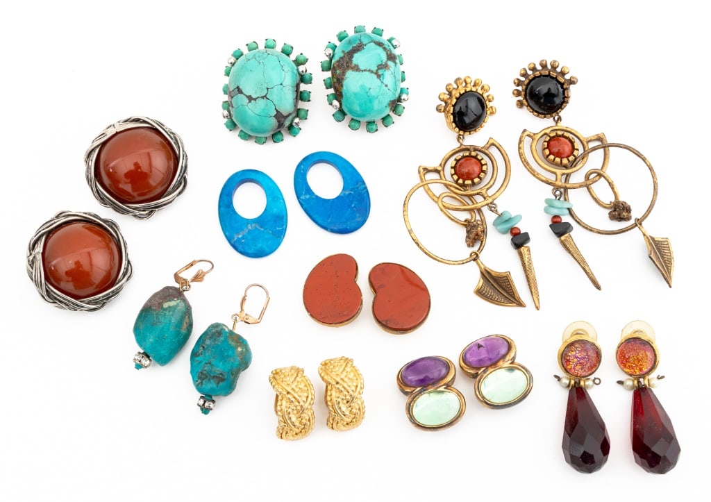 Costume Jewelry Clip-On Earrings, 9 Pairs: Collection of Nine Pairs of Costume Jewelry Clip-On Earrings, including: pair of Kylo sterling silver with purple and pale green oval cabochons, marked "925 / Kylo", Pair of Patricia Locke gold-tone d
