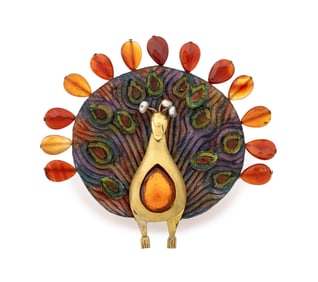 Fabrice Paris Carnelian Pearl Resin Peacock Brooch