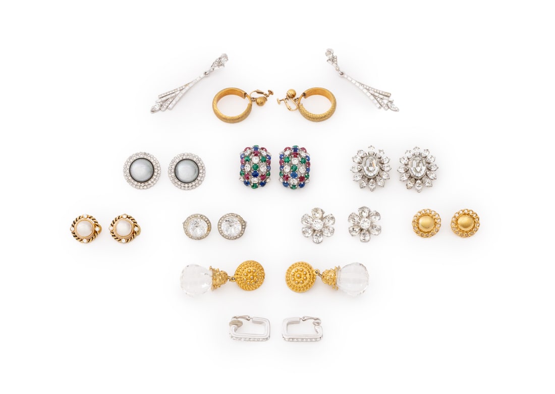Erwin Pearl, Etc. Clip-On Earrings, 11 Pairs: Group of Eleven Pairs of Costume Jewelry Clip-On Earrings, comprising: Swarovki crystal mounted rectangular hoop earrings, Erwin Pearl faux pearl earrings, Joseph Mazer flower form earrings, gold-tone