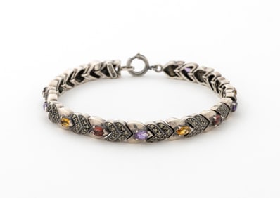 Silver Amethyst, Citrine, Garnet Link Bracelet