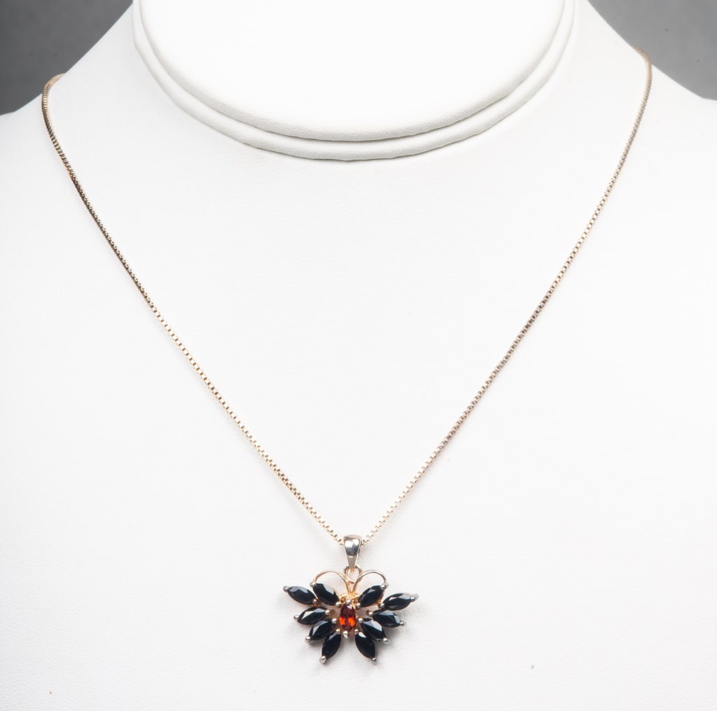 Silver Citrine & Onyx Butterfly Pendant Necklace: Italian Sterling Silver Citrine and Onyx Butterfly Motif Pendant Necklace, marked "925 / GSJ / ITALY / 925 / ITALY". Pendant: 0.937" L x 1.0" W. Chain: 18.0" L x 0.06" W. Approx: 0.16 ozt. inclusive.