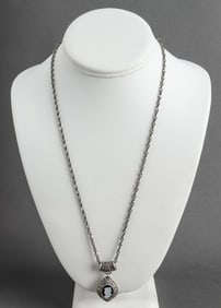 Italian Silver & Marcasite Cameo Pendant Necklace