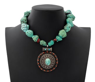 Turquoise Chunk Red Coral Silver Pendant Necklace