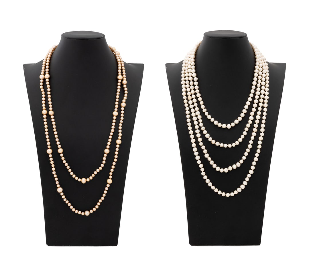 Long Cultured Pearl Necklaces, Pair: Pair of Long Cultured Freshwater Pearl Necklaces, measuring approx: 104" with approx: 7.5 x 6 mm. pearls and 60" with knotted alternating pearls: approx: 9.5 x 9.5 mm. to 6 x 5.5 mm. Provenance: From