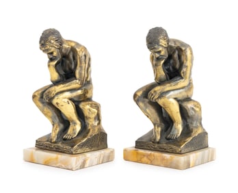 "The Thinker" Gilt Metal & Marble Bookends, Pair